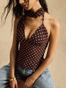 Easelle Áo hở lưng chấm bi màu cà phê cho nữ - màu nâu - Xem 7