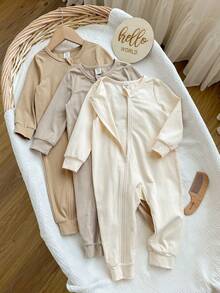 男宝宝可爱休闲针织长袖连体衣 - 杏色 - 查看 4