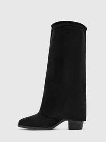 CUCCOO BIZCHIC 女士时尚方头粗跟黑色绒面革宽筒过膝长靴，简约通勤粗跟高筒靴，女士过膝长靴 - 黑色 - 查看 9