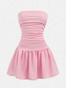 青少年女孩休闲简约舒适褶皱设计无袖泡泡袖连衣裙