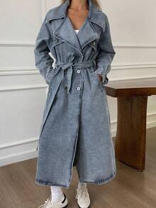 DAZY 女士时尚水洗双排扣牛仔夹克、秋装、返校服 - 淺色水洗藍 - 查看 3