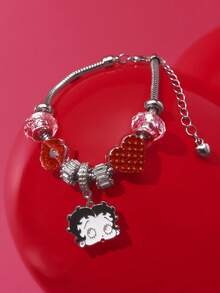 Betty Boop x SHEIN 银合金吊坠手链，花朵、心形，设计可爱，适合日常佩戴 - 彩色 - 查看 6