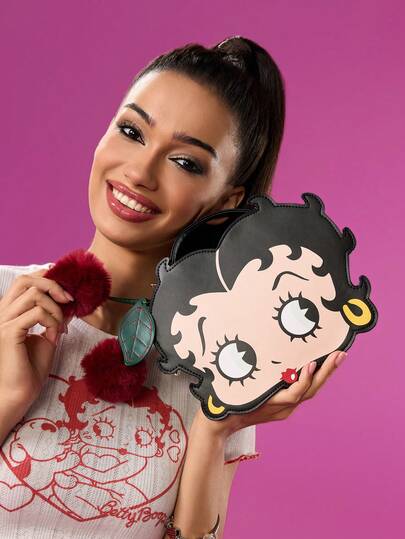 Betty Boop x SHEIN 1 pieza de bolso de mano con estampado de personaje de dibujos animados de cuero de PU, con colgante de cereza de peluche, con correa para el hombro larga, se puede llevar y cruzar diagonalmente, puede almacenar billeteras, toallas de papel y teléfonos móviles para salir a diario, adecuado para mujeres y estudiantes, juguetón, sexy, cereza, ideas de regalo, fiesta, vacaciones, Día de San Valentín