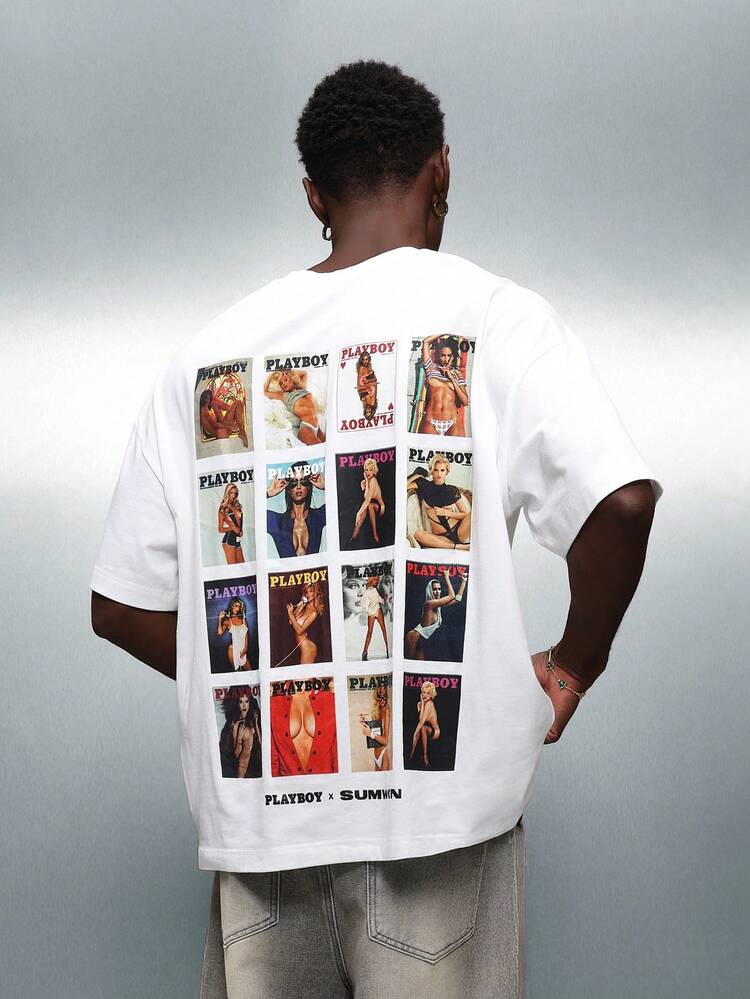 PLAYBOY X SUMWON Boxy Passform Grafik T-Shirt mit Magazin Cover Collage Muster, Kurzarm Lässig Baumwolle T-Shirt Sommer Streetwear
