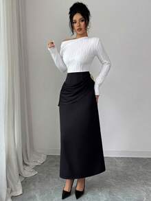 Modelyn French Elegant Oblique Shoulder Black & White Patchwork Decorative Button Women Dress - Black and White - View 6