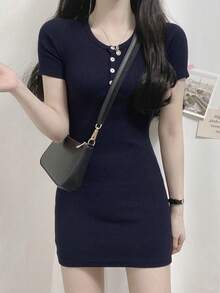 DAZY 女士纯色修身短款连衣裙夏季太阳裙，休闲女装 - 藏蓝色 - 查看 6