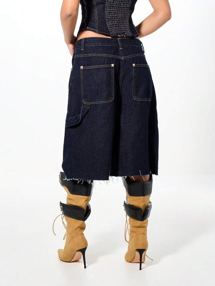 SUMWON WOMEN Raw Hem Wide Leg Denim Jorts With Buttons