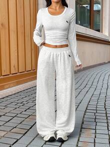 SHEIN PETITE 女士灰色刺绣细节长袖两件套家居服套装 - 灰色 - 查看 9