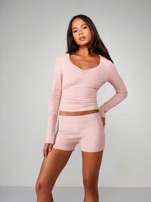 MISSGUIDED Ruched Front Long Sleeve V Neck Lounge Set With Mini Shorts For Women Casual Comfortable - Baby Pink - View 5