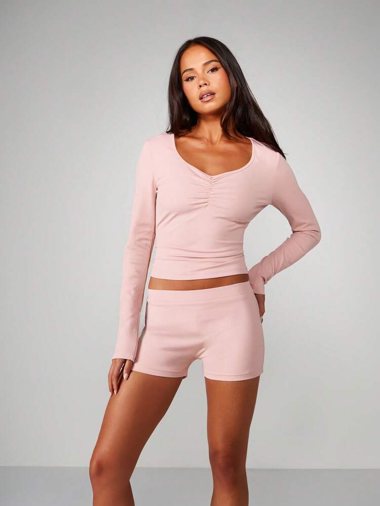 MISSGUIDED Ruched Front Long Sleeve V Neck Lounge Set With Mini Shorts For Women Casual Comfortable