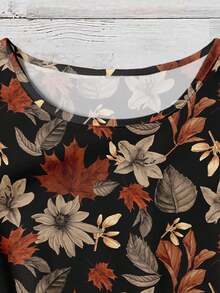 EMERY ROSE Plus Size Women Maple Leaf Print Round Neck Cap Sleeve Blouse, Autumn Small Flying Sleeve Loose Shirt Chic Blouses For Women - Multicolor - View 6