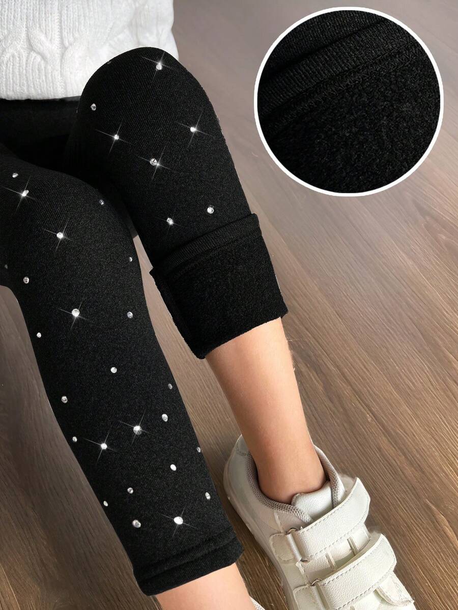 SHEIN 少女优雅水钻装饰打底裤，适合日常休闲穿着，带保暖内衬，圣诞节 - 黑色 - 查看 1