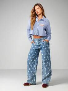 Missguided x Playboy Áo sơ mi kẻ sọc cài nút cổ bẻ dài tay, kiểu dáng công sở đơn giản, thoải mái - Màu xanh lam - Xem 7