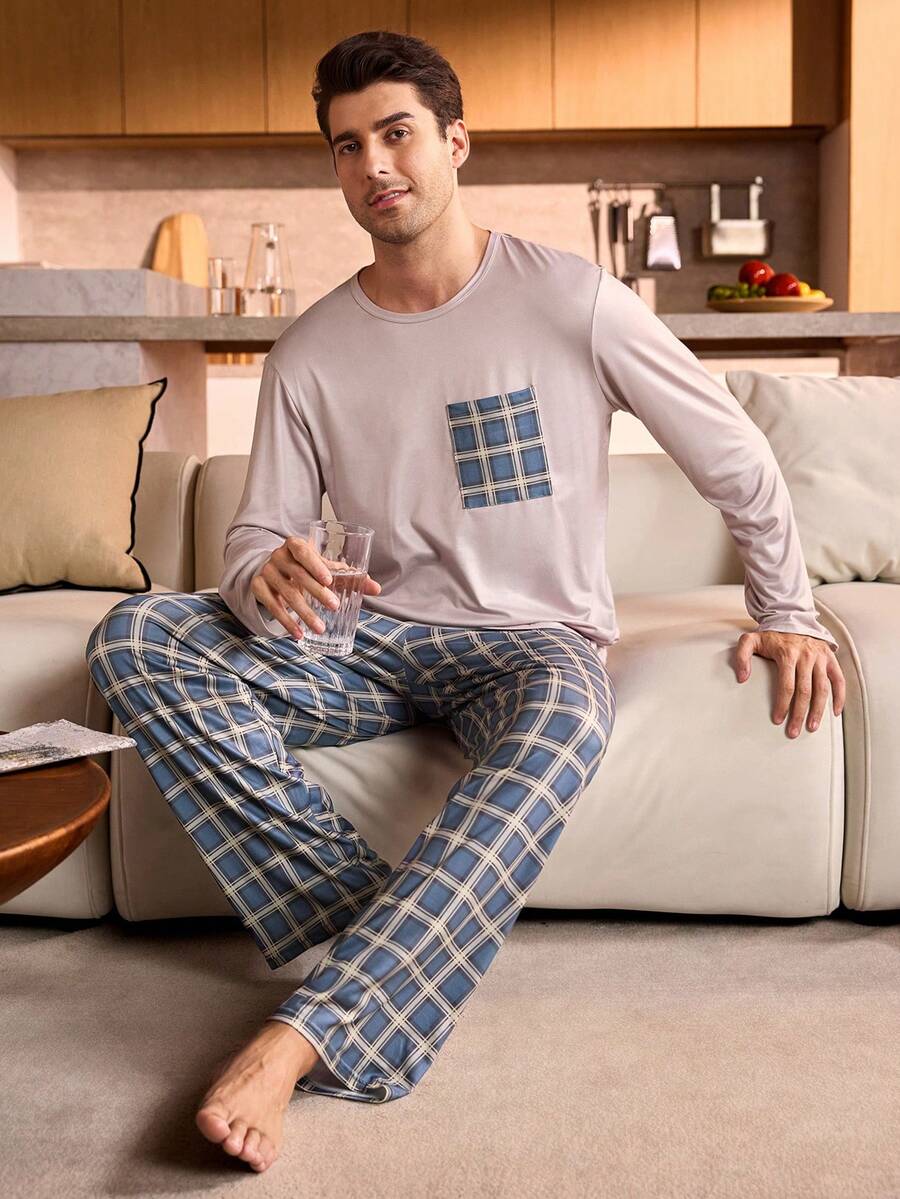 Manfinity Underwear&Sleepwear Basics 男士格子印花拼接口袋长袖上衣和宽松长裤家居服套装，秋冬款，圣诞节 - 棕色 - 查看 1