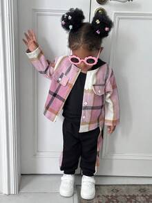 SHEIN 2 pièces Ensemble veste à capuche rose à carreaux patchwork et pantalon à taille élastique pour bébé fille, doux et polyvalent, vêtements de bébé fille pour le printemps/automne/hiver
