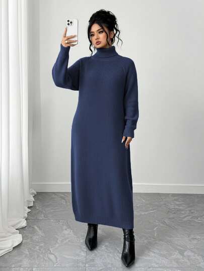 SHEIN Tall CURVE Plus Size Casual Turtleneck Raglan Sleeve Sweater Dress