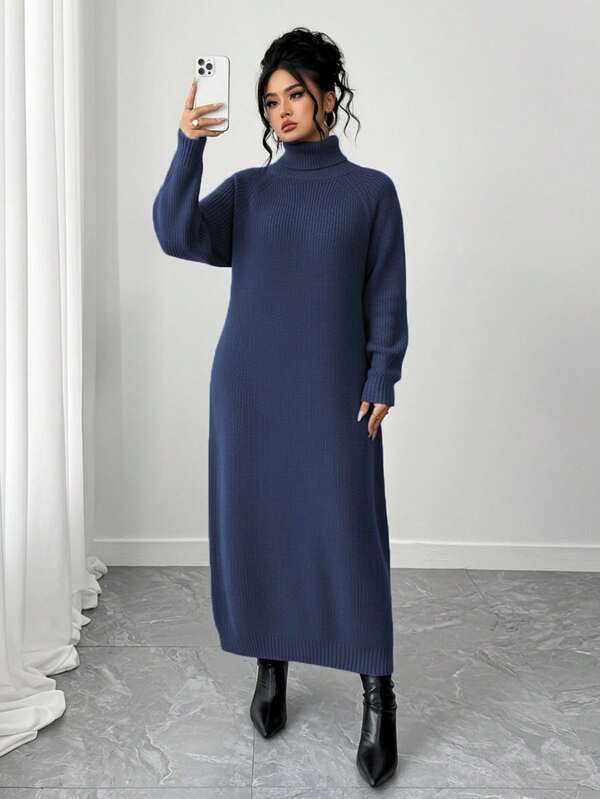 SHEIN LUNE فستان كنزة صوفية بياقة عالية وأكمام راجلان للمقاسات الكبيرة