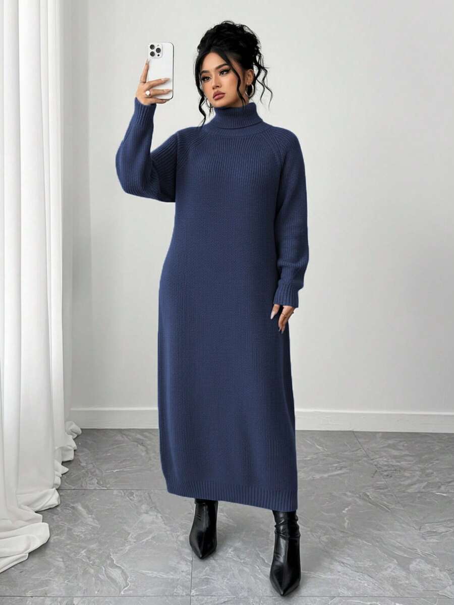 SHEIN Tall CURVE 大码休闲高领插肩袖毛衣裙 - 藍色 - 查看 1