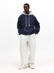 SUMWON Color Block Pullover Hoodie With Contrast Grey Hood And Drawstring Pockets Long Sleeve Casual Streetwear Winter Plain - Blue - View 3