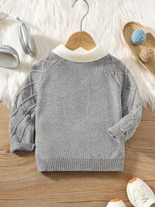 SHEIN 男童卡其色纹理休闲舒适百搭撞色领厚毛衣，适合返校、秋冬季