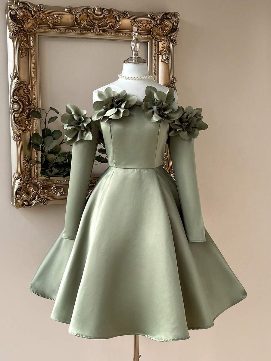 Lovelzi Elegant Stereo Floral Off-Shoulder A-Line Long Sleeve Dress, Wedding Guest Dress, Suitable For Evening Party, Gala, Ball, Prom Dress - Green - View 1