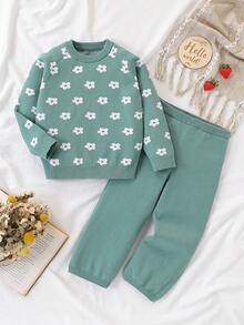 SHEIN Vintaside Kids 女童和幼儿休闲时尚可爱百搭卡通花朵毛衣和毛衣+毛衣裤羊毛套装 - 藍色 - 查看 3