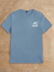 HIMLAND Men Cotton Letter & Tropical Graphic Tee, Summer - Dusty Blue - View 2