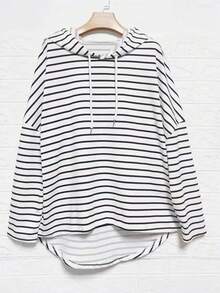 INAWLY 女式条纹落肩长袖抽绳连帽休闲 T 恤，春夏图案 T 恤女式春季上衣