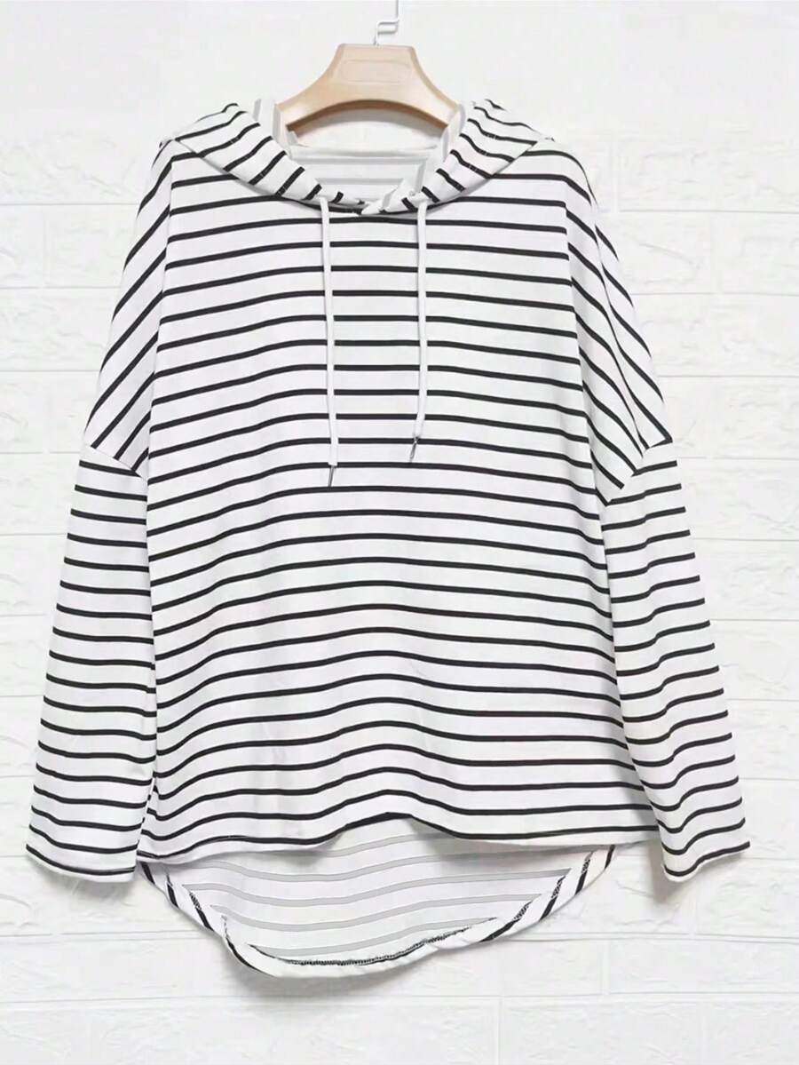 INAWLY 女式条纹落肩长袖抽绳连帽休闲 T 恤，春夏图案 T 恤女式春季上衣
