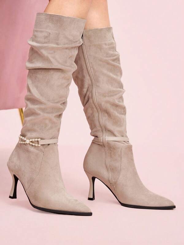 CUCCOO DOLLMOD Botas de tacón alto de punta fina de ante para mujer, con elástico, suela blanda antideslizante y tacón delgado para media pantorrilla, para otoño/invierno