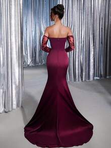 Glamrae Elegant Pink Strapless Asymmetric Neckline(Detachable)Luxurious Mesh Sequin Long Sleeve Ruched Satin Mermaid Tail Gown For Wedding Evening Party - Burgundy - View 2