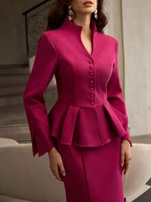 ZEYLAH Set de 2 piezas: Chaqueta tipo blazer con cintura ceñida en forma de X y falda ajustado, para otoño/invierno - Rosa Fucsia - Ver 3