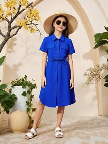 Tween Girl Flap Detail Button Front Belted Shirt Dress - Royal Blue - View 3