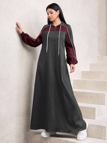 Al Najma 秋冬连帽拼色喇叭优雅时尚卫衣连衣裙 - 灰色 - 查看 8