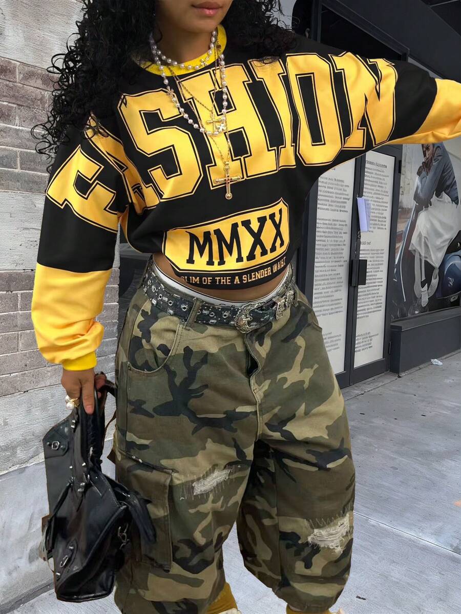 Rovax 女式撞色印花圆领长袖短款上衣 - 黑色 - 查看 1