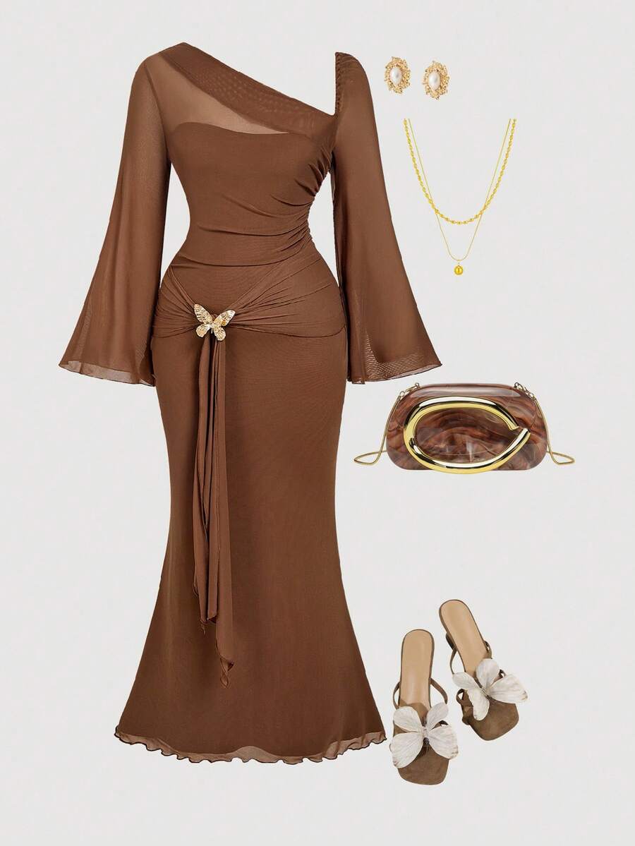 SHEIN MOD Plus Size Asymmetric Shoulder Flare Sleeve Brown Dress With Bowknot Metal Buckle And Fish Tail Design Brown Formal Dress Brown Dresses Classy Elegant Dinner Outfit For Women Earth Tone Dress Brown Wedding Guest Dress.Christmas Outfit