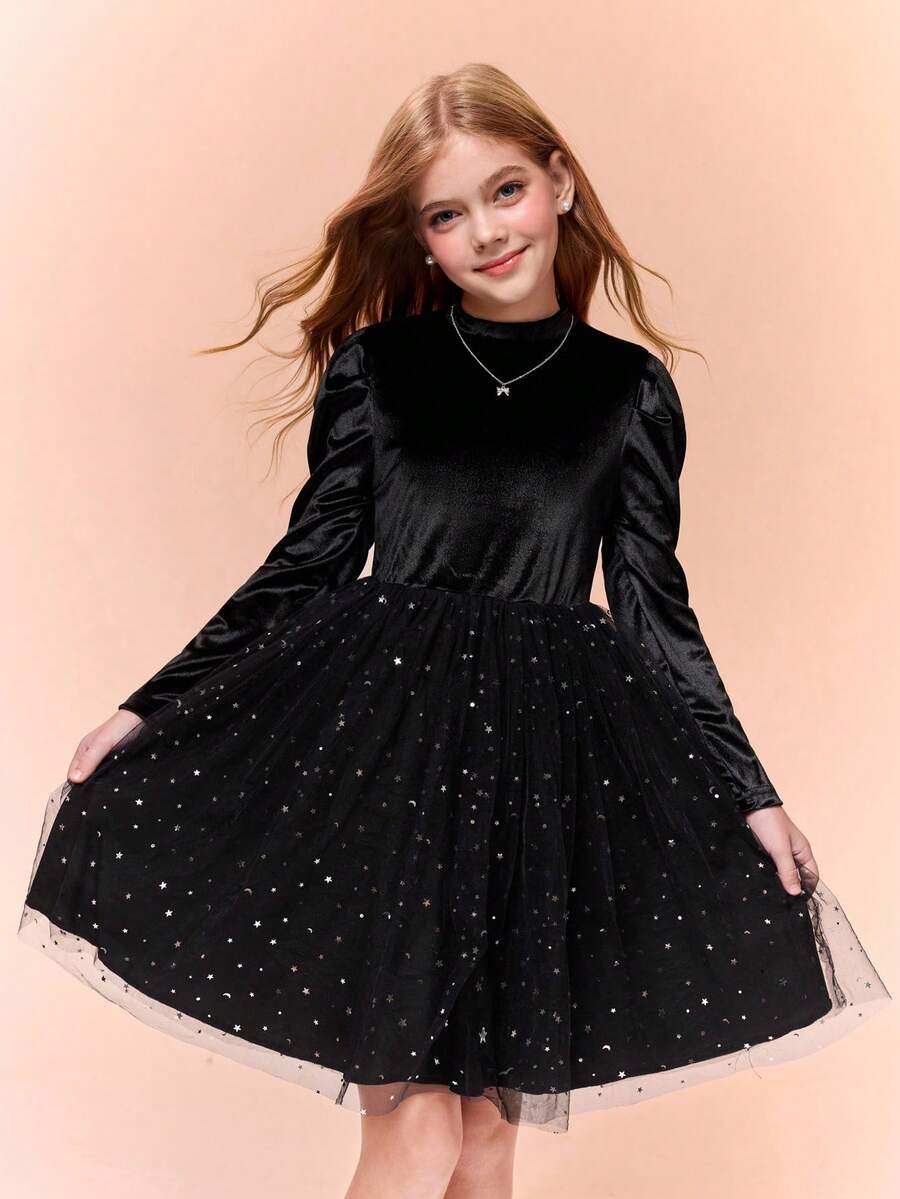 SHEIN 1 chiếc váy dệt kim cổ tròn tay dài có viền hoa thêu gân cho bé gái, ngọt ngào và nữ tính, mùa thu - màu đen - Xem 1