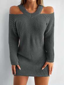 EURMUSE Cold Shoulder Sweater Dress Without Belt - Grey - View 3