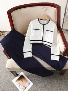 Serisse Kids Conjunto de 2 piezas de top de manga larga con cuello redondo y pantalones rectos informales para niñas preadolescentes con bloques de color, adecuado para citas, fiestas, vuelta al colegio, otoño/invierno