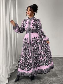 Elenzga Váy xòe dài xếp ly cỡ lớn dành cho nữ, màu đen và mơ, cổ tròn, thắt eo, thon gọn, tay dài, thanh lịch cho tiệc trà chiều và đi chơi, váy dài họa tiết Paisley - Màu Hồng baby - Xem 5