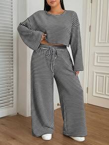 SHEIN EZwear Plus Size Women's Casual Loose Striped Round Neck Drop Shoulder Long Sleeve Top And Wide Leg Pants 2 Pieces Set, Early Autumn - Black and White - View 1