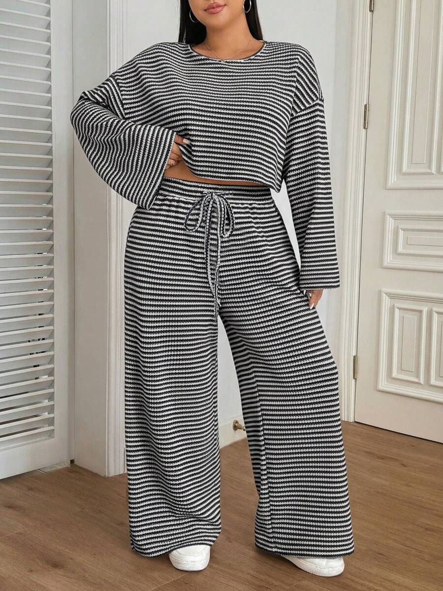 SHEIN EZwear Plus Size Women's Casual Loose Striped Round Neck Drop Shoulder Long Sleeve Top And Wide Leg Pants 2 Pieces Set, Early Autumn - Black and White - View 1