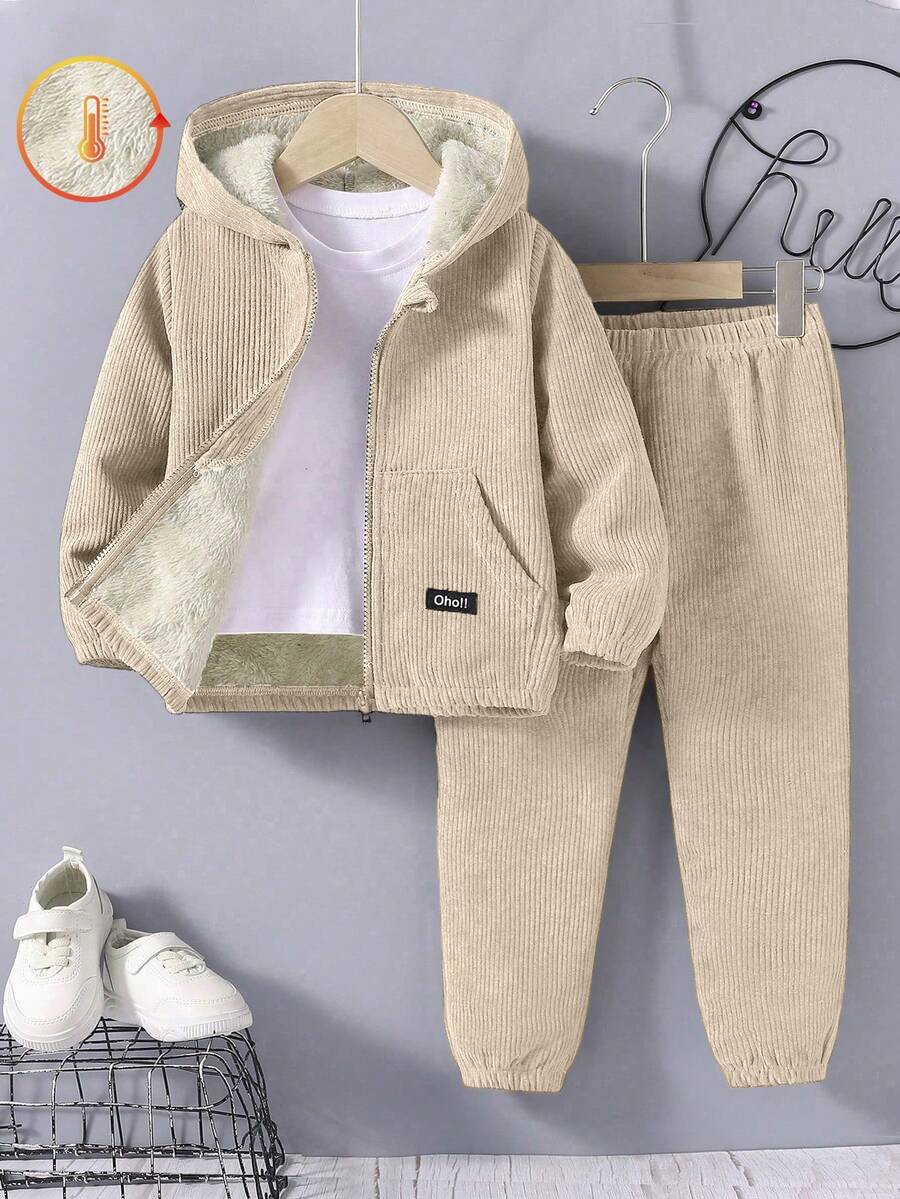 SHEIN Explorewe 2 件套年轻男孩休闲纯色连帽夹克，带口袋和保暖内衬裤子套装，宽松版型，保暖，适合秋冬 - 卡其色 - 查看 1