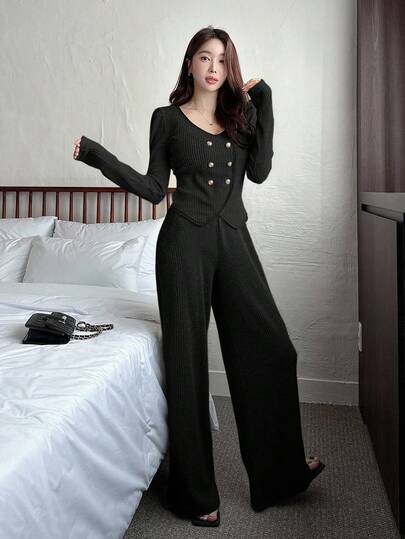 DAZY 女性の優雅なコントラストカラーニットトップとワイドレッグパンツ2点セット、秋