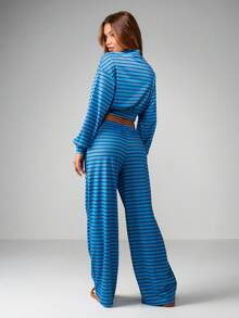 MISSGUIDED Pantalon de survêtement confortable pour femmes avec rayures horizontales, taille avec cordon de serrage et design jambes larges - Bleu azur - Voir 4