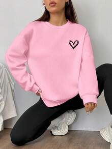 SHEIN EZwear Bộ 2 áo nỉ cổ tròn rộng in họa tiết trái tim và quần legging bó, Thu/Đông - Nhiều màu - Xem 3
