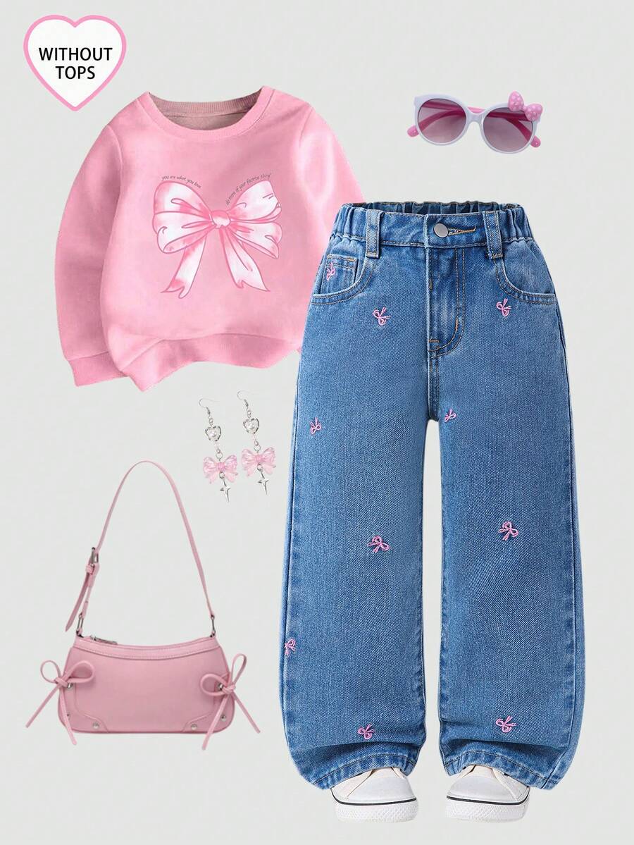 SHEIN 年轻女孩牛仔裤,秋冬新款时尚可爱街头风格蝴蝶结刺绣宽松直筒牛仔裤 - 中等水洗藍 - 查看 1