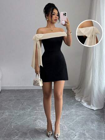 Rafferiza Women's Elegant Color Block Bow Decor Off Shoulder Dress, Summer