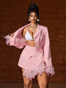 Maweii 2pcs/Set Fashionable Pink Plush Blazer Jacket Paired With Blazer Skirt - Pink - View 7