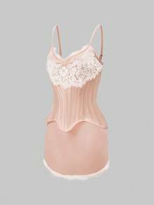 Glisette 2pcs Women's Spaghetti Strap Lace Patchwork Waist Cincher Bodysuit With Bow Accent - Pink - View 5